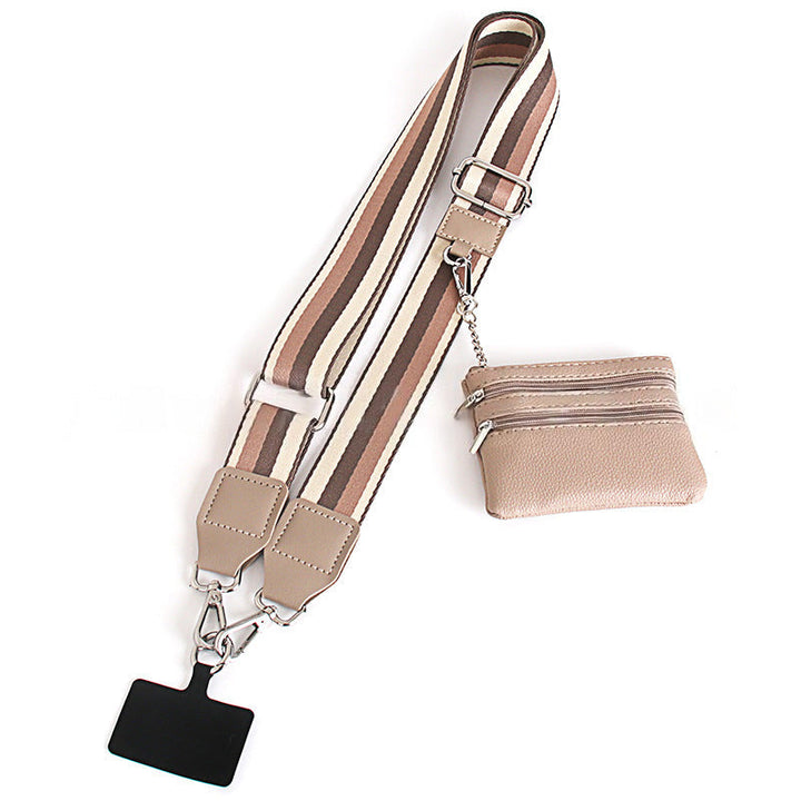 Black hands-free phone holder with an attached zipper pouch, making it a perfect travel companion.