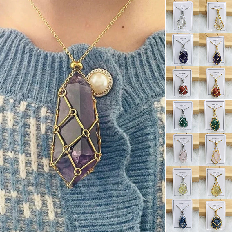 Unisex crystal cage pendant necklace, silver metal, empty, for healing stones, spiritual jewelry
