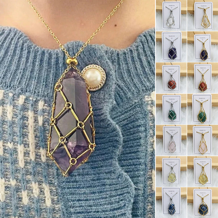 Unisex crystal cage pendant necklace, silver metal, empty, for healing stones, spiritual jewelry