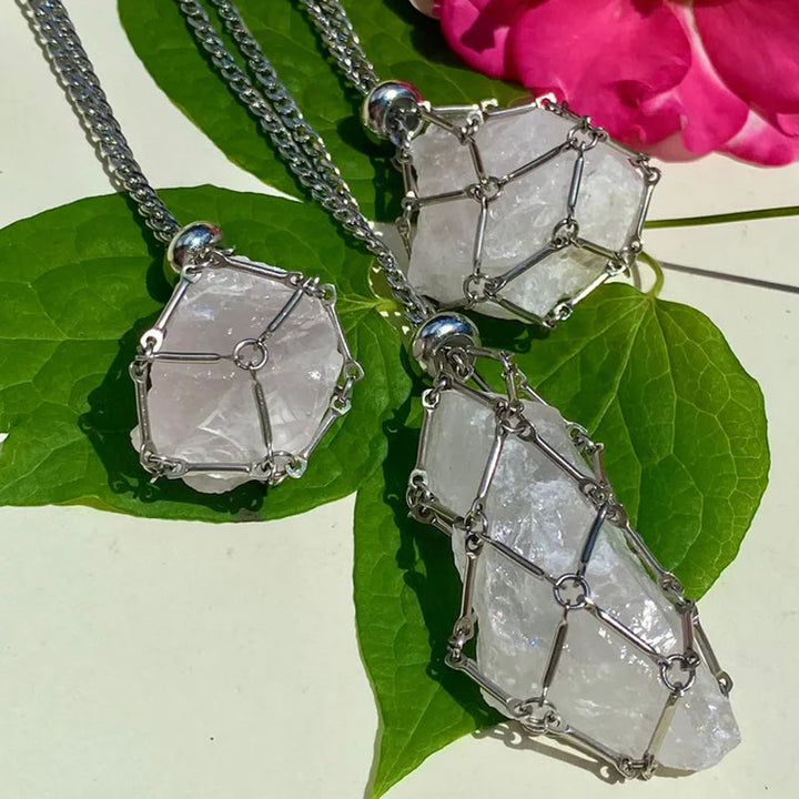 Unisex crystal cage pendant necklace in various metal colors, group shot for selection