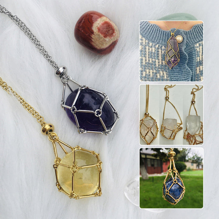 Crystal cage pendant necklace, unisex design, gold metal, open, for holding healing stones