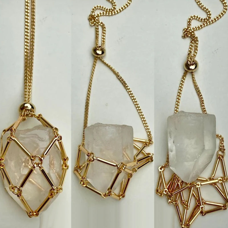 Gold crystal cage necklace with a polished finish, ideal for personalizing with crystals