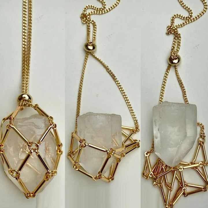 Gold crystal cage necklace with a polished finish, ideal for personalizing with crystals