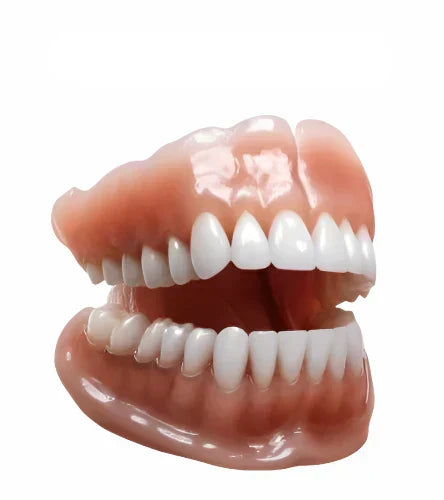 Restore your smile with natural fit custom dentures. Ivory & white teeth, designed for comfort & a confident look.