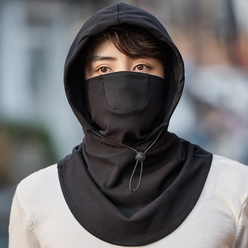 Hooded neck gaiter for cycling, offering warmth and face protection, versatile use