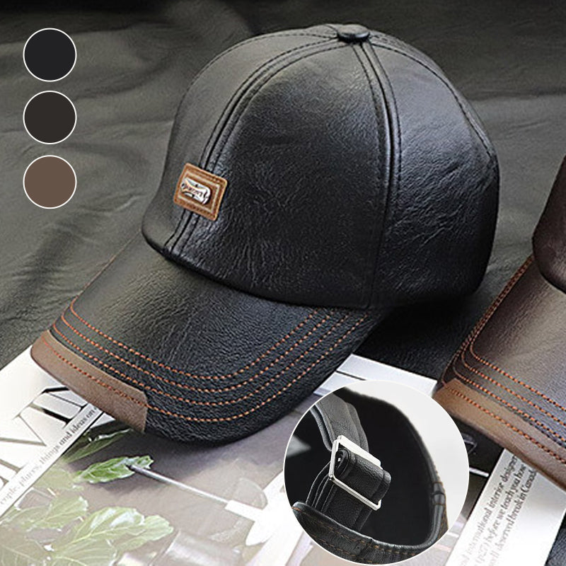 Detail of the adjustable buckle on the back of a unisex PU leather winter cap
