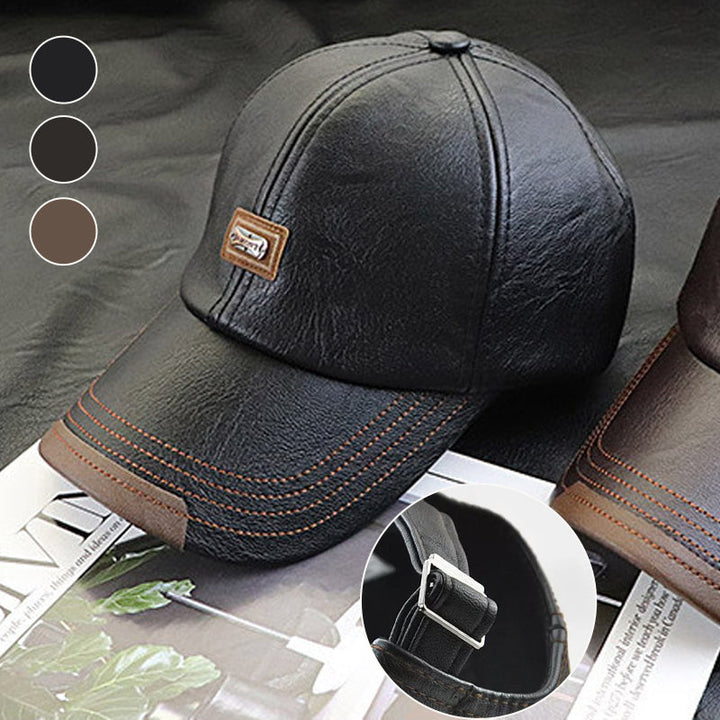 Detail of the adjustable buckle on the back of a unisex PU leather winter cap