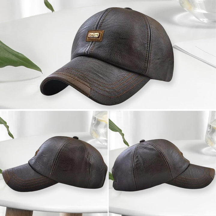 Light brown PU leather baseball cap for men & women, a stylish winter accessory