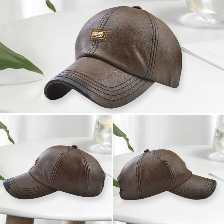 Black PU leather baseball cap, classic design for casual and outdoor use, adjustable fit