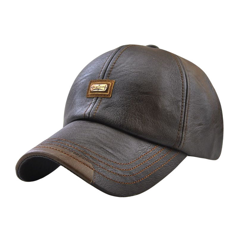 Front view of a black PU leather baseball cap, perfect for a casual, sporty look