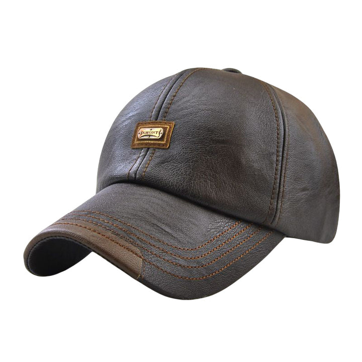 Front view of a black PU leather baseball cap, perfect for a casual, sporty look