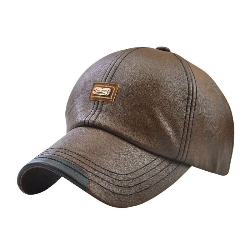Unisex model wearing a dark brown PU leather baseball cap, suitable for all seasons