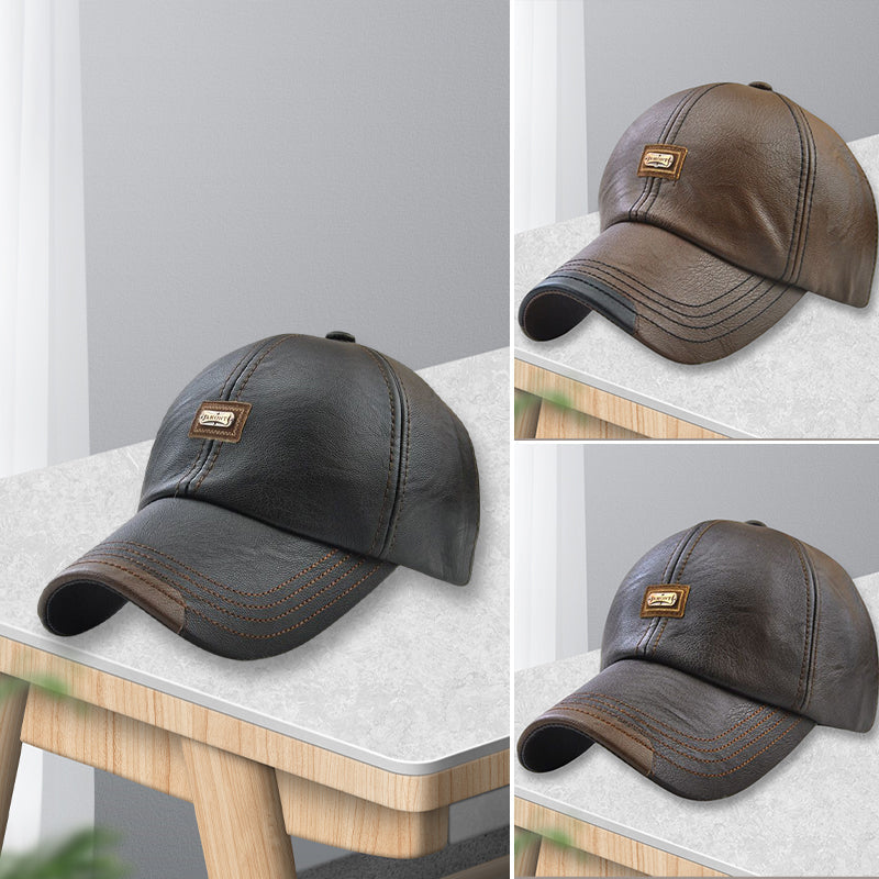 Black PU leather baseball cap on a white background, highlighting its premium material