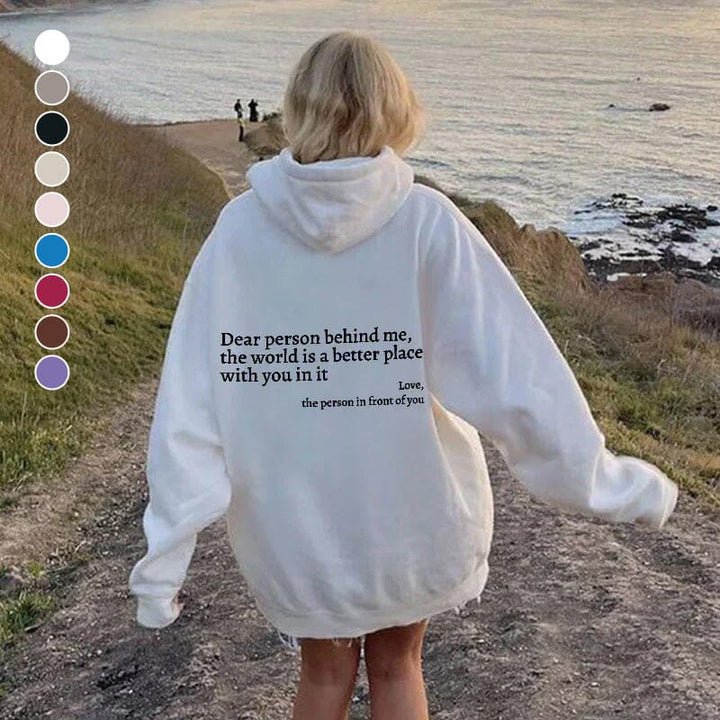 Unisex 'Dear Person Behind Me' black inspirational sweatshirt, positive message, comfort wear