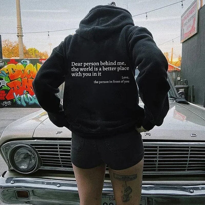 Back view of 'Dear Person Behind Me' unisex sweatshirt, inspirational quote wear
