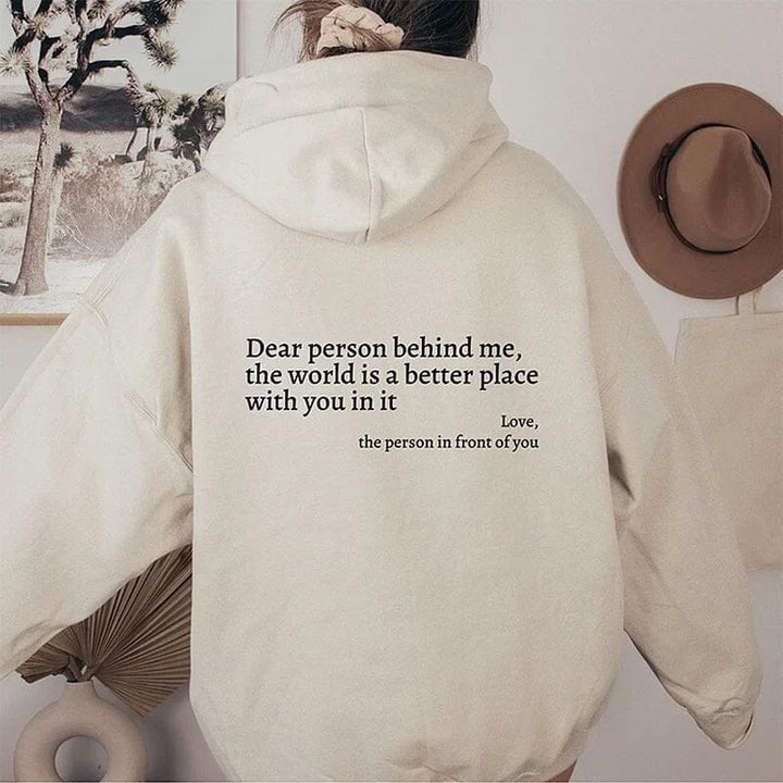 Detail of print quality on 'Dear Person Behind Me' long sleeve top, comfort wear