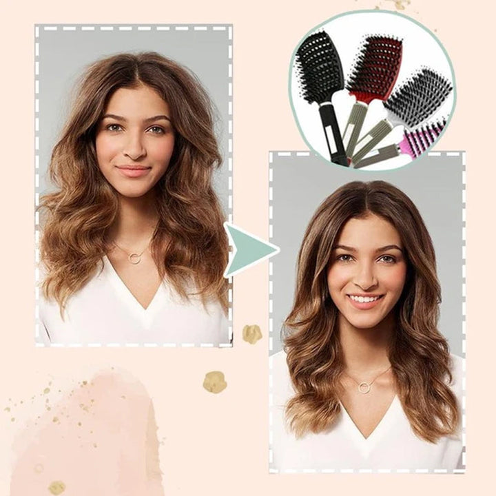 Beauty product shot of a unisex detangling hair brush with natural bristles on a clean background