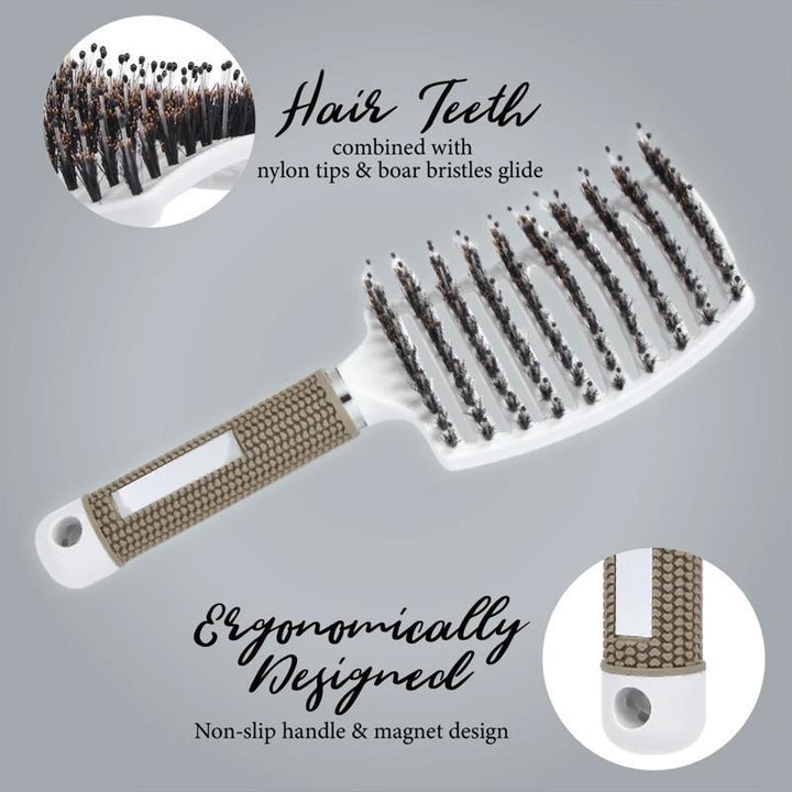 Eco-friendly detangling hair brush with natural bristles, suitable for all hair types and textures