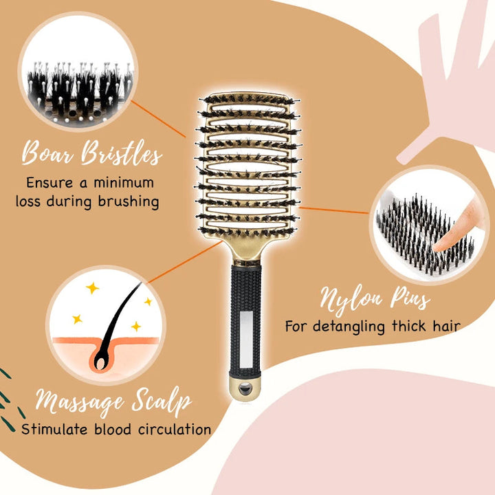 Ergonomic unisex detangling hair brush, promoting shiny, healthy hair with natural bristles
