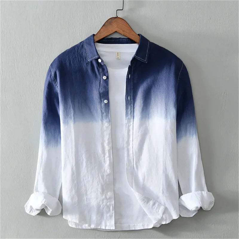 Unisex dip dye gradient casual button down shirt in blue-white ombré, lightweight for summer fashion.