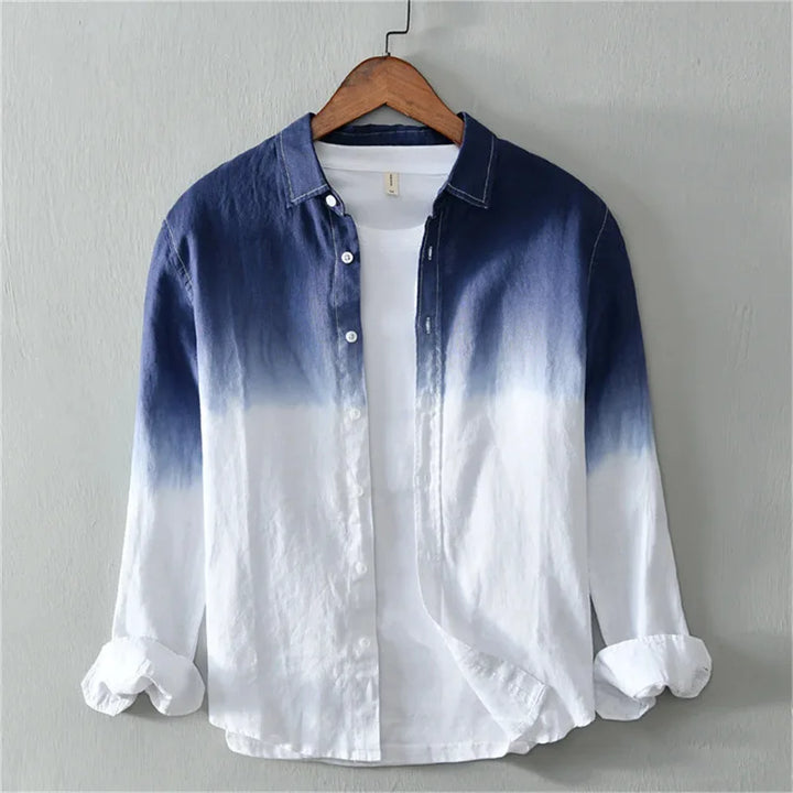 Unisex dip dye gradient casual button down shirt in blue-white ombré, lightweight for summer fashion.