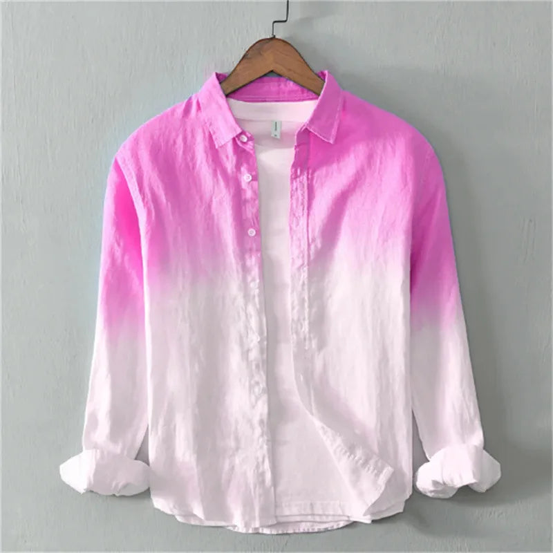 Blue and white dip dye gradient button down shirt for unisex summer wear, a fashionable top.