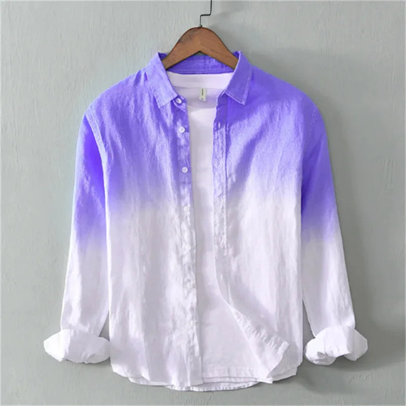 Fashionable unisex button down shirt with a unique dip dye gradient design, ideal for casual outfits.