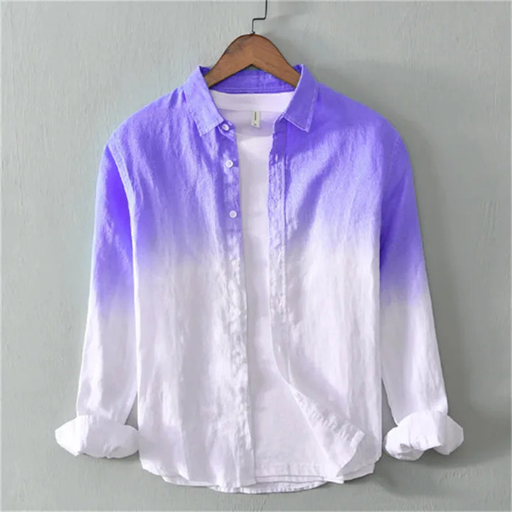 Fashionable unisex button down shirt with a unique dip dye gradient design, ideal for casual outfits.