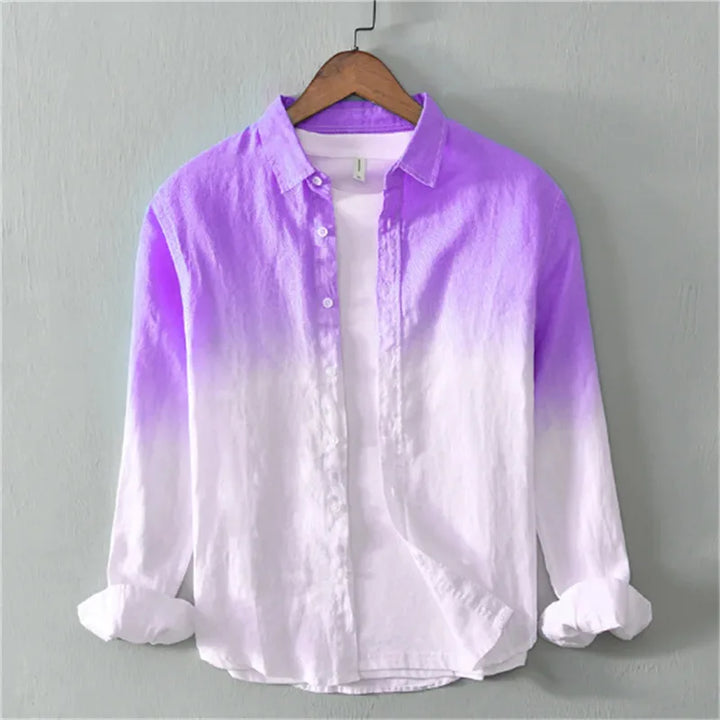 Summer casual unisex button down shirt showcasing a beautiful dip dye ombré gradient pattern.