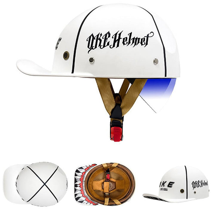 Stylish DOT approved half shell baseball helmet, ensuring safety on your motorcycle.