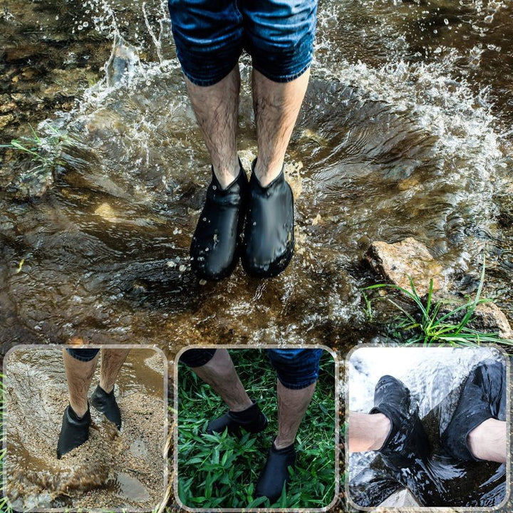 DryStep mud guard shoe covers protecting sneakers from dirt & wet conditions during outdoor adventures.