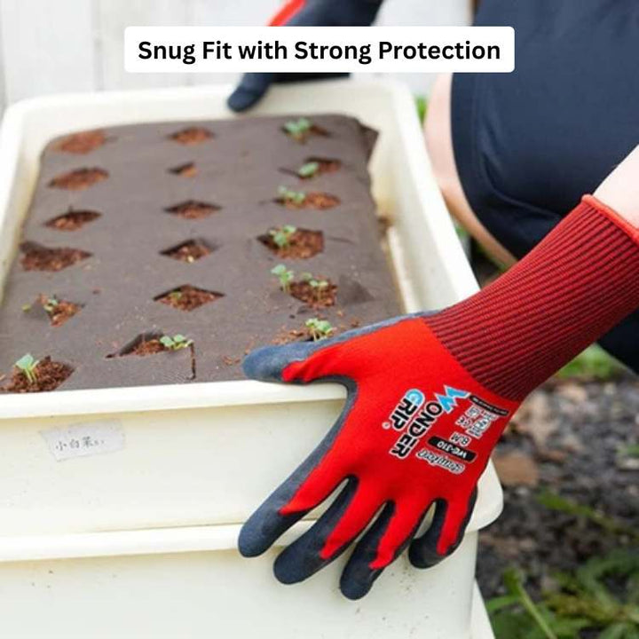 Breathable nylon work gloves for gardening, featuring durable nitrile palm coating for comfort & grip.