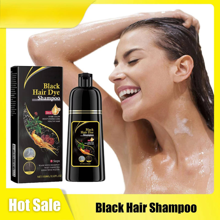 Quick black shampoo dye for gray hair, providing natural color & anti-dandruff benefits for healthy scalp.