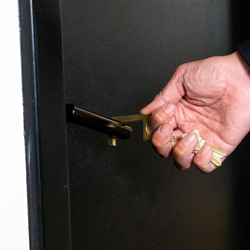 Unisex EDC Touch-Free Door Opener Tool for hygienic, contactless everyday carry (EDC) utility, polished metal finish.