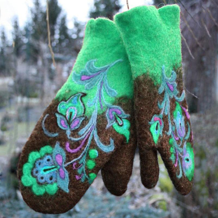 Close-up of unisex warm wool mittens, featuring delicate floral embroidery and winter comfort