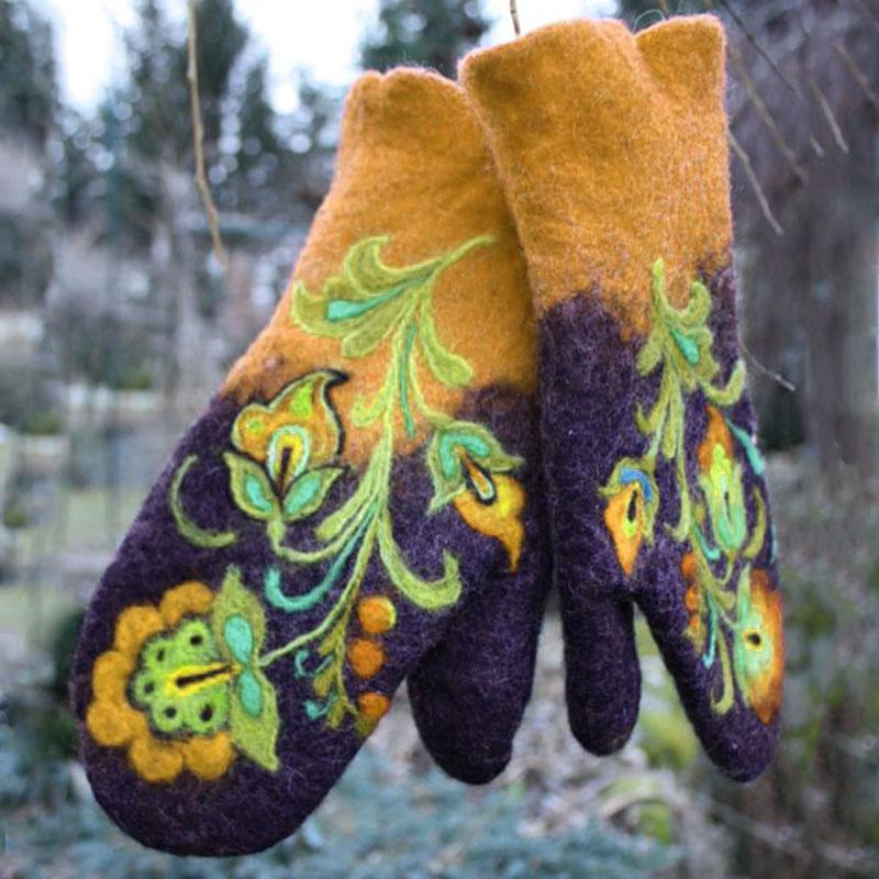 Knitted unisex winter mittens with intricate floral embroidery, soft wool for ultimate warmth
