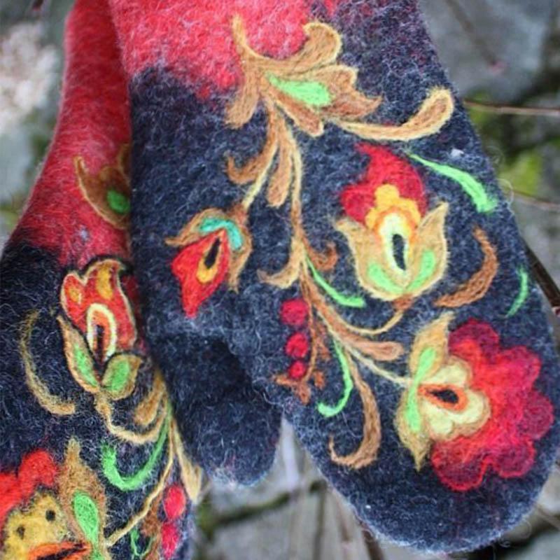 Christmas-themed unisex embroidered wool mittens, offering warmth and festive floral design
