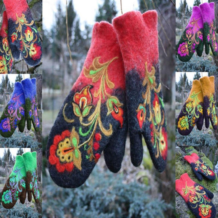 Comfortable unisex winter mittens in wool, showcasing detailed floral embroidery for warmth