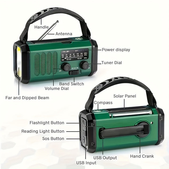 Unisex emergency radio, 10,000 mAh power bank, solar, hand crank, NOAA, AM/FM, flashlight, SOS alarm & compass.