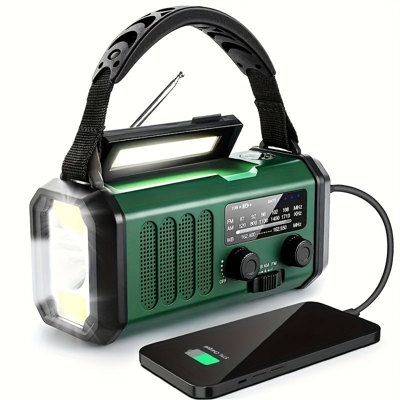 Emergency radio with 10,000 mAh power bank, solar & hand crank. Power for phones, flashlight & NOAA weather updates.