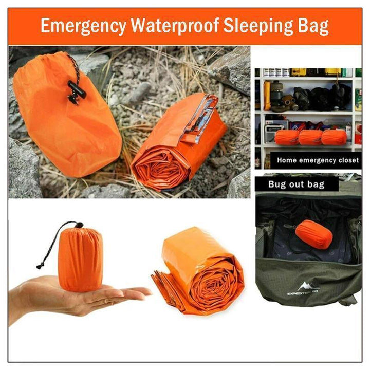 Compact emergency sleeping bag, 100% waterproof for survival, camping, and hiking. Essential outdoor gear.