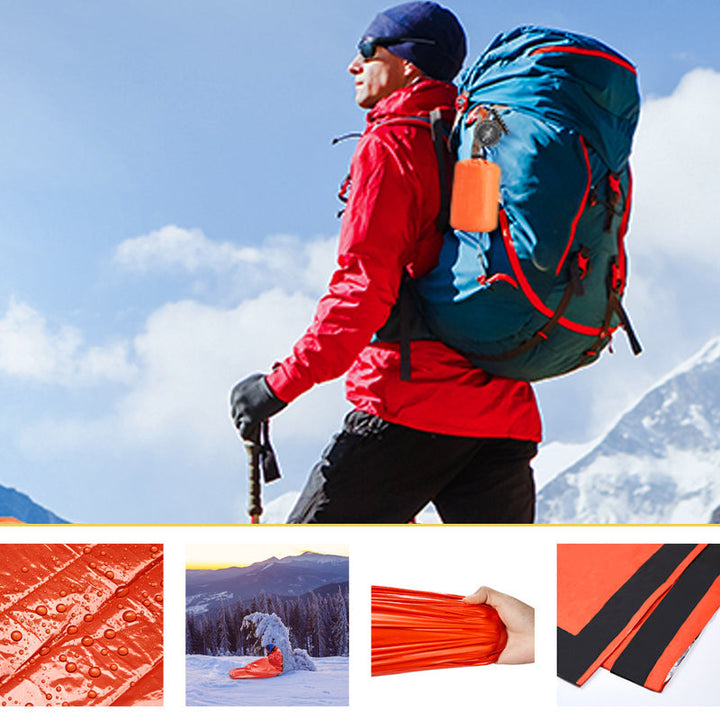 Orange waterproof sleeping bag, emergency thermal blanket for survival, camping & hiking. Lightweight outdoor gear.