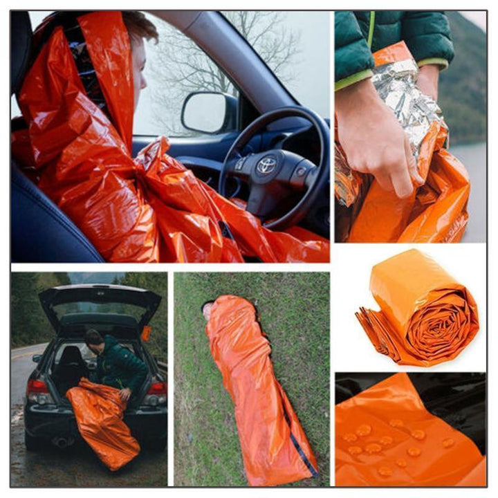 Durable emergency waterproof sleeping bag, unisex and thermal for camping, hiking. Essential survival outdoor gear.
