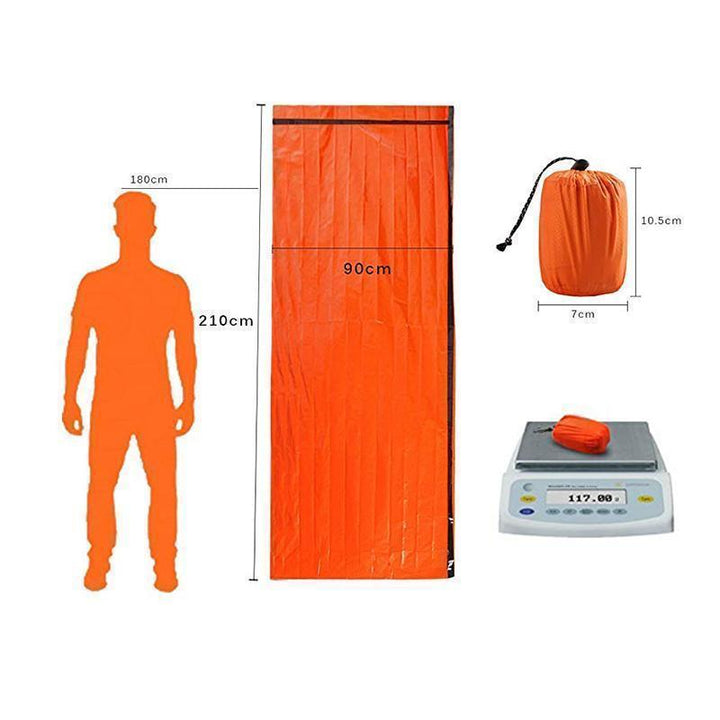 Person unwrapping emergency waterproof sleeping bag for survival. Lightweight thermal gear for camping & hiking.