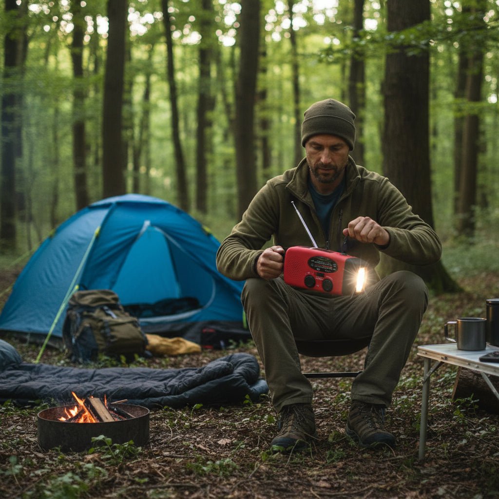 Compact hand crank emergency radio with bright LED flashlight for camping, hiking, and outdoor adventures.