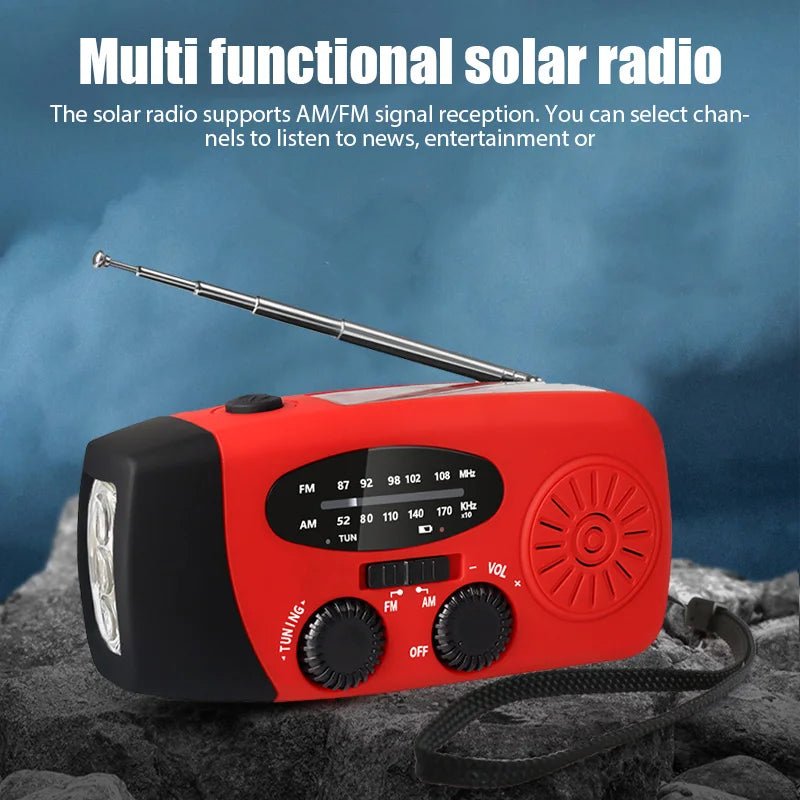 NOAA weather alert radio with hand crank & LED flashlight, keeping you informed & safe during severe weather.