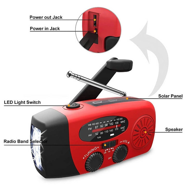 Durable hand crank emergency radio featuring a bright LED flashlight for light & power when you need it most.