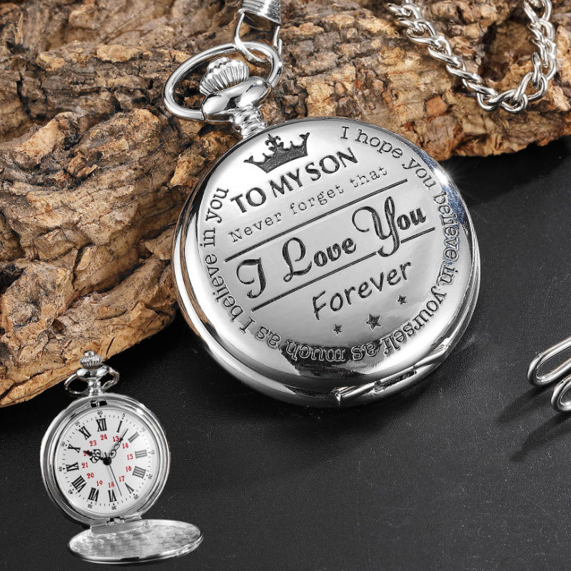 Unisex engraved quartz pocket watch with intricate gold casing & chain, perfect mens gift