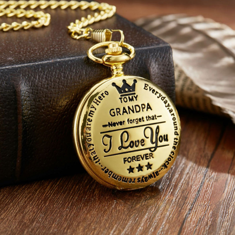 Quartz pocket watch, gold tone, with a beautifully engraved back, excellent for son's gift