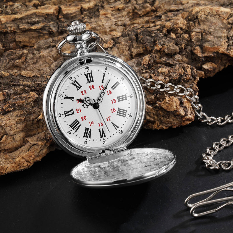 Open engraved quartz pocket watch showing detailed movement & classic design, a unique gift